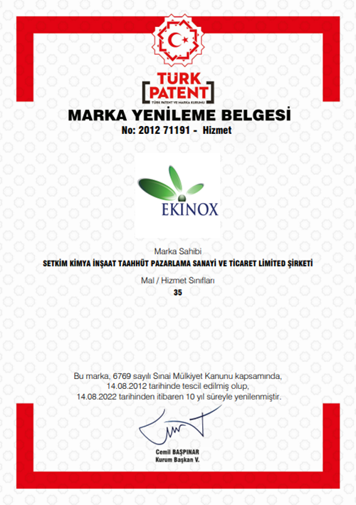 Ekinox Trademark Registration Certificate (Türk Patent)
