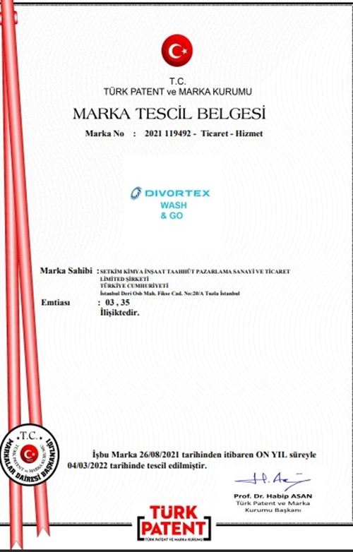 Divortex Wash & Go Trademark Registration Certificate