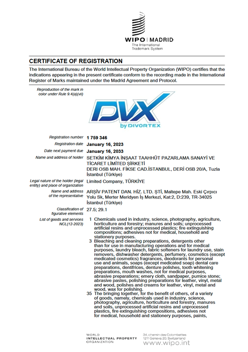 Setkim Kimya Trademark Registration Certificate (WIPO)