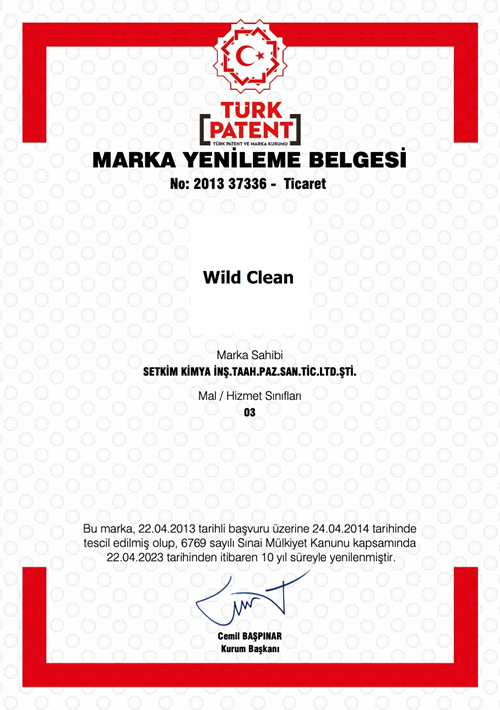 Wild Clean Trademark Renewal Certificate (Türk Patent)