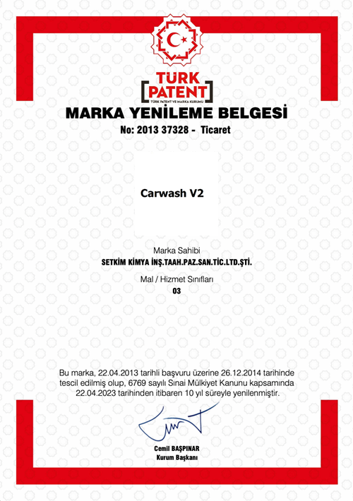 Carwash V2 Trademark Renewal Certificate (Türk Patent)