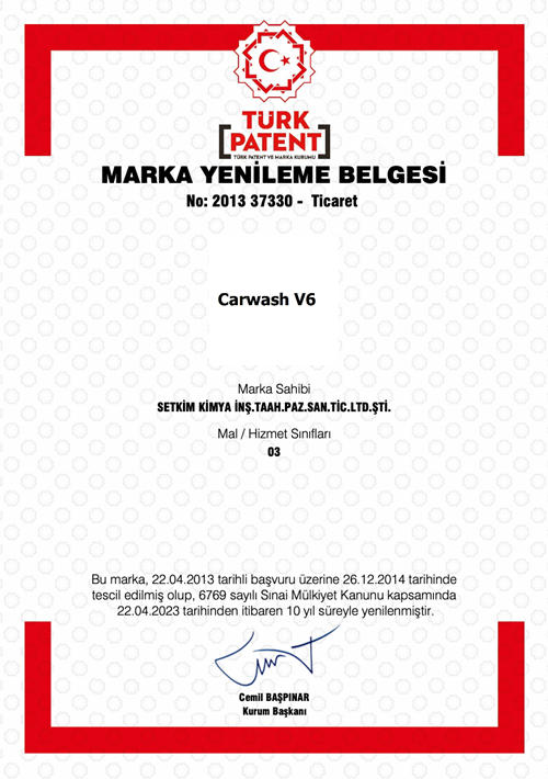 Carwash V6 Trademark Renewal Certificate (Türk Patent)