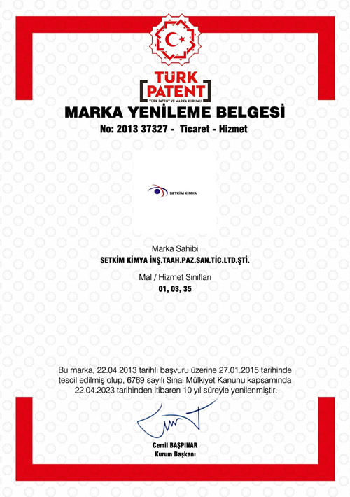 Setkim Kimya Trademark Renewal Certificate 2013 37327 (Türk Patent)