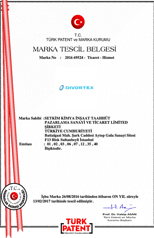 Divortex Trademark Registration Certificate 2016 69524 (Türk Patent)