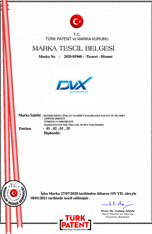 DVX Trademark Registration Certificate 2020 85960 (Türk Patent)