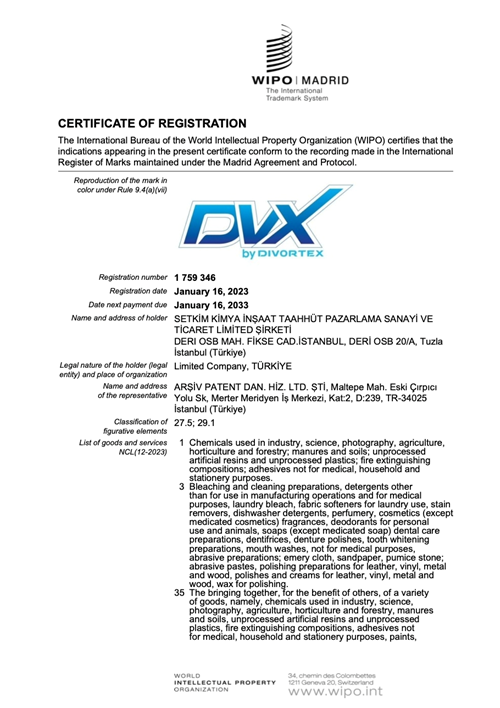 DVX Trademark Registration Certificate (WIPO)