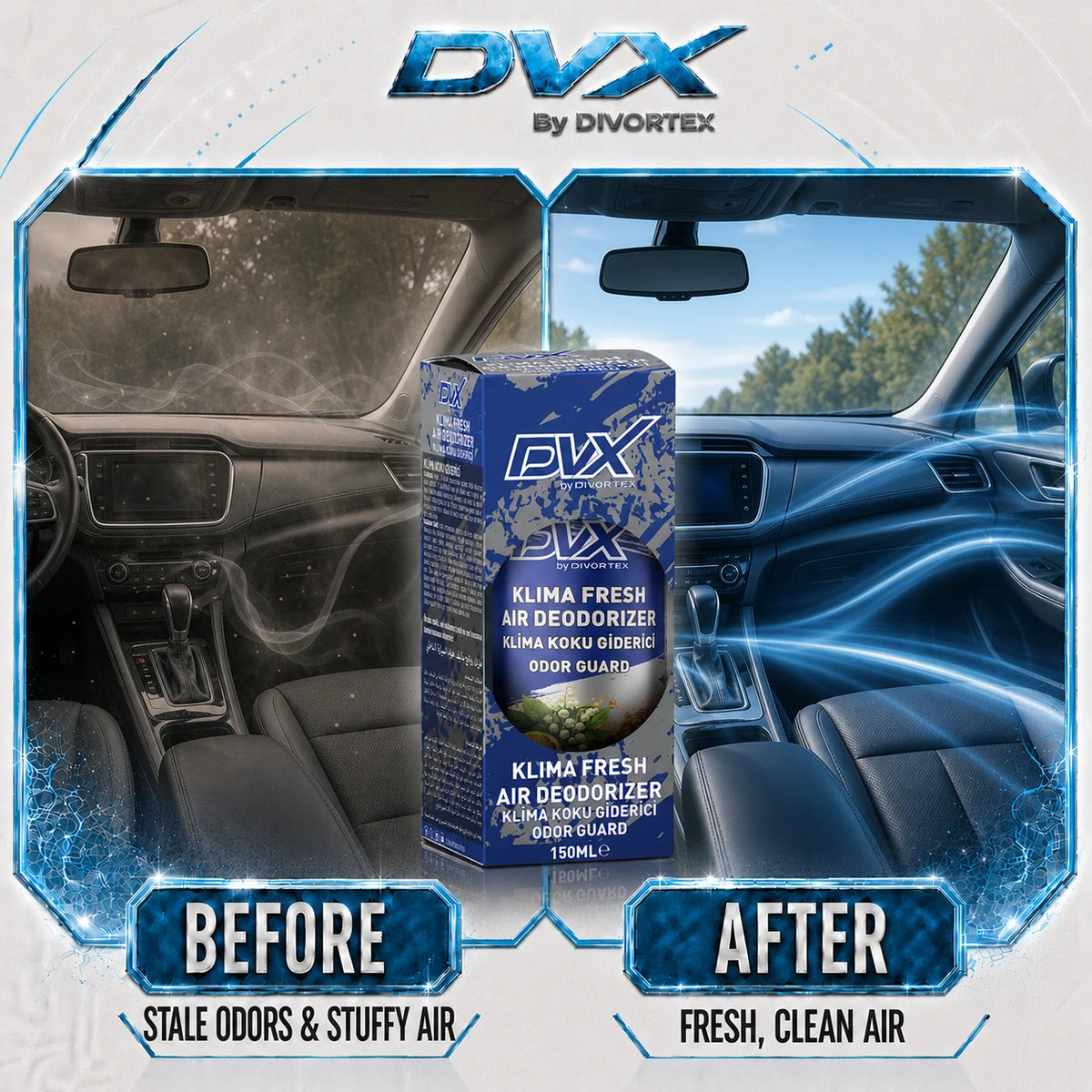 DVX A/C Fresh car A/C spray - before and after | Odor Guard